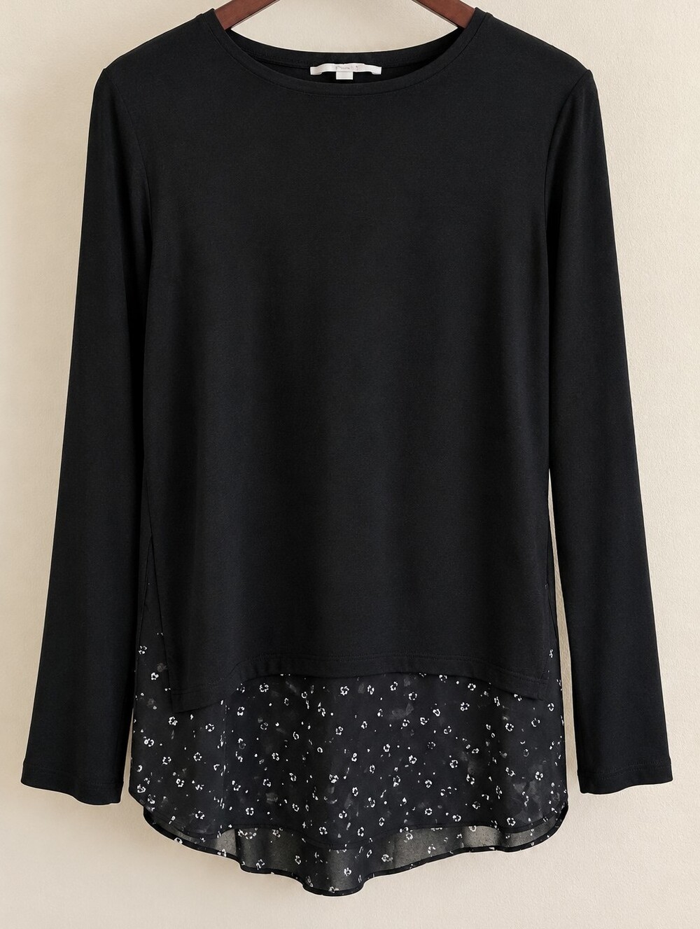LOFT Black Long-Sleeve Top with Patterned Sheer Hem